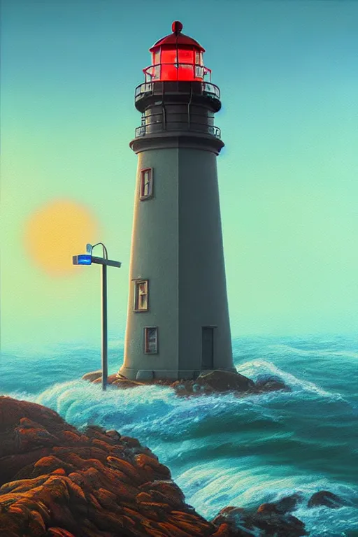 Image similar to a lighthouse in a redwood solar punk vision, overlooking an ocean, oil on canvas by klaus burgle, simon stalenhag, ultra - realistic 3 d depth shading