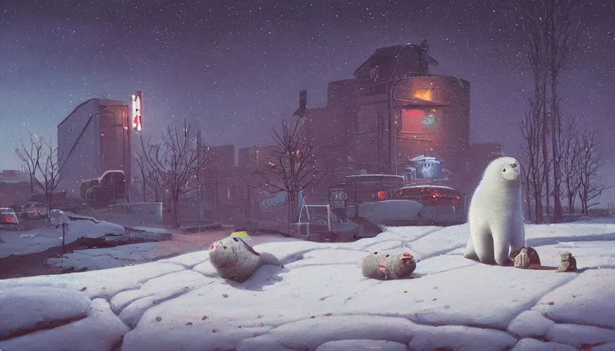 Image similar to an intricate oil painting of a giant cute white furry baby seal with by simon stalenhag