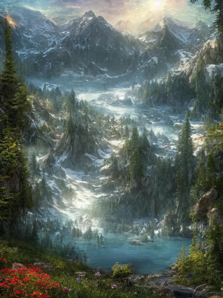 Image similar to a epic view of a mountainous lake, forest, flowers, concept art, trending on, very detailed, unreal engine, 4 k, photoreal, volumetric lighting, light rays, epic composition, warm colors, angelic