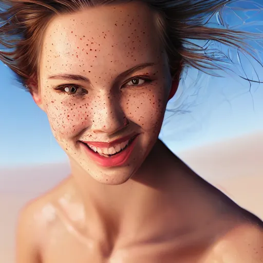 Image similar to beautiful serene intricate portrait of a cute thin young woman, red blush, cute freckles, smug smile, modern clothes, relaxing on the beach, golden hour, close up shot, soft focus, 8 k, art by irakli nadar, hyperrealism, hyperdetailed, ultra realistic