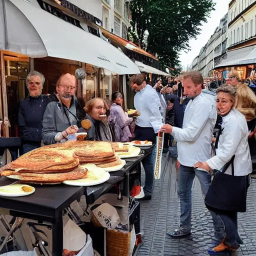 Prompt: dutch chefs impressing the French people with superior pancakes in a street in Paris