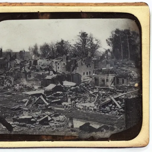 Prompt: tintype photograph of thriving village located in ruins of new york city, destroyed background city, small village, 2 0 9 0 s, crowds of people