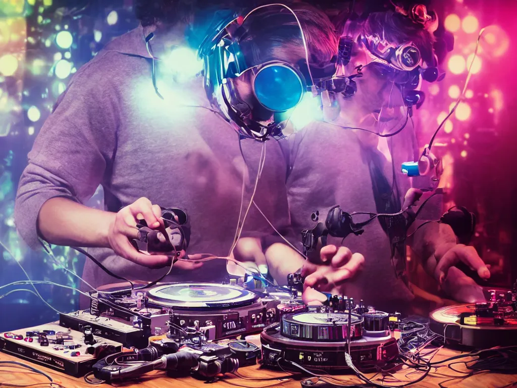 Image similar to a person wearing goggles and visor and headphones using a steampunk record player contraption, wires and tubes, turntablism dj scratching, intricate planetary gears, cinematic, imax, sharp focus, leds, bokeh, iridescent, black light, fog machine, hazy, lasers, hyper color digital art, cyberpunk