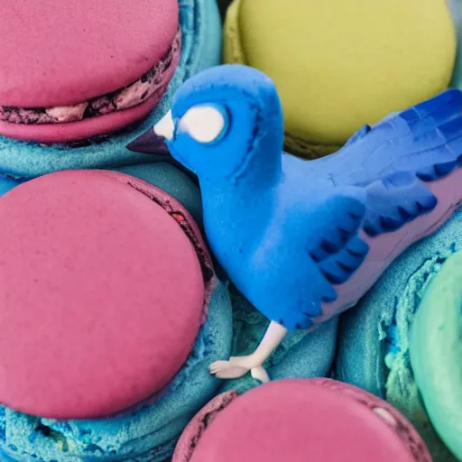 Image similar to A blue jay standing on a large basket of rainbow macarons.