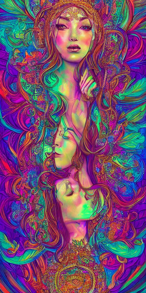 Prompt: 8k detailed psychedelic abstract illustration of a goddess projecting her dreams, detailed, intricate, elegant, highly detailed, digital painting, artstation, smooth, sharp focus