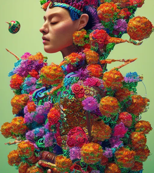 Prompt: portrait of quetzalcoatl, surrounded by flowers, by nan goldin, moebius, katsuhiro otomo, rococo, trending on artstation, muted lighting, hyper realism, octane render, 8 k, hyper detailed, ink by dave gibbons