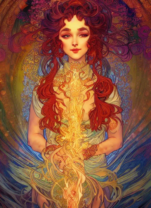 Image similar to Fire Goddess, ambient lighting, 4k, josephine wall, alphonse mucha, lois van baarle, ilya kuvshinov, rossdraws, artstation