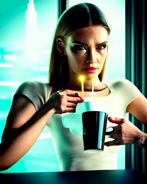 Image similar to a terminator cyborg lady with borg implants and a gorgeous human face is drinking coffee near a window with dystopian city visible outside. tiny green led lights in her cybernetics. very detailed 8 k. horror cyberpunk style.