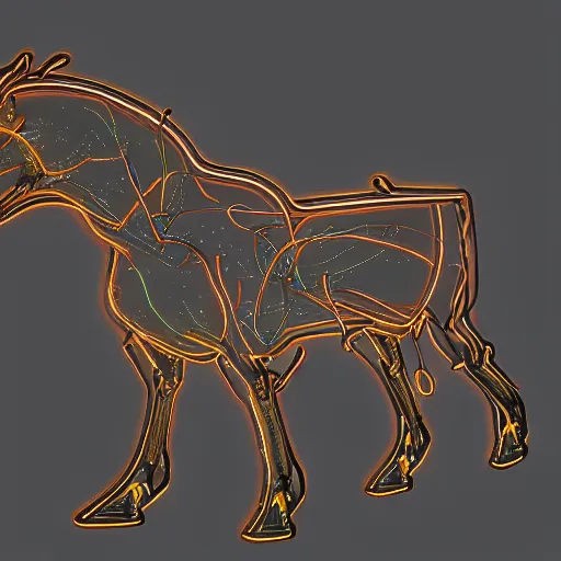 Prompt: anatomically accurate neon digital fantasy horse by Eadweard Muybridge reimagined by industrial light and magic, digital screenshot, trending on artstation