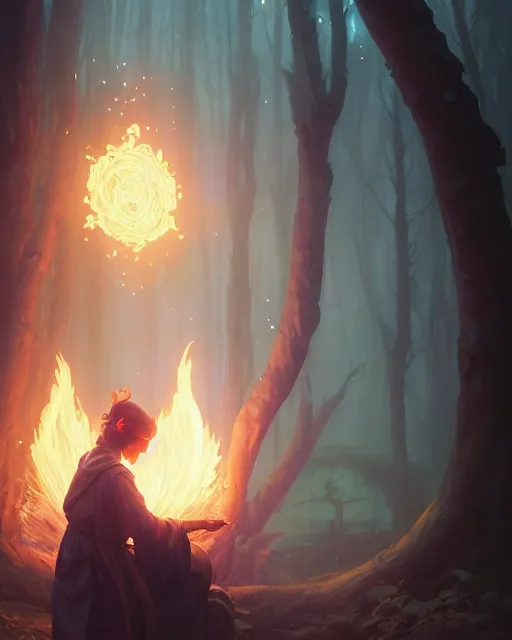 Image similar to highly detailed vfx portrait of a mage casting a wood spell, unreal engine, greg rutkowski, loish, rhads, beeple, makoto shinkai and lois van baarle, ilya kuvshinov, rossdraws, tom bagshaw, alphonse mucha, global illumination, detailed and intricate environment