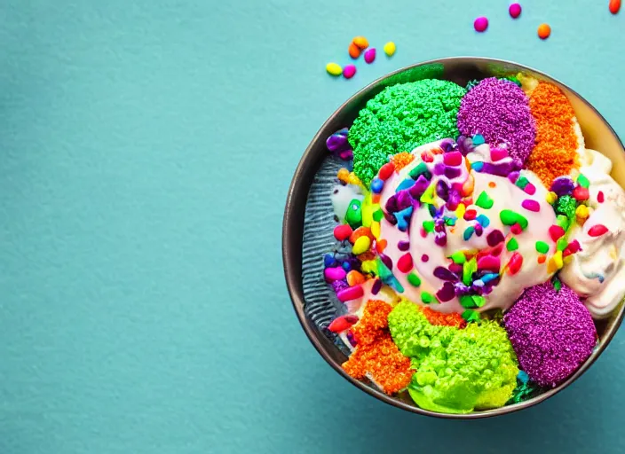 Image similar to food photo still of soft serve swirled frozen yogurt topped with broccoli and rainbow sprinkles, 8 5 mm f 1. 8 studio lighting