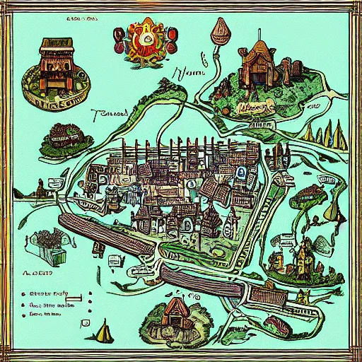 Prompt: “detailed map of a small fantasy town in the style of Mike schley”