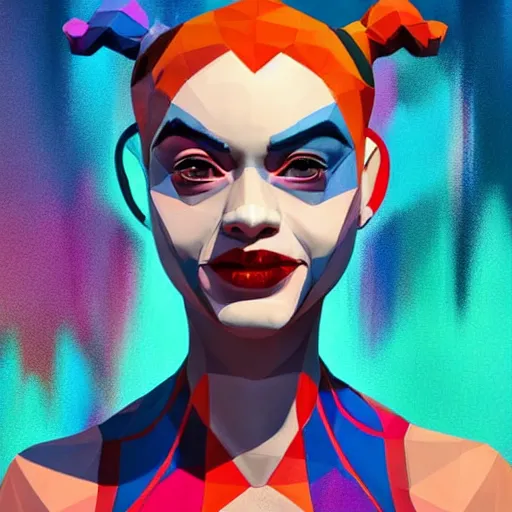 Image similar to digital art, low poly 3d render of Harley Quinn but she's a beautiful ape kid with long pony tails on either side of her head, illustration, by James Jean, artgerm, octane render, by John Coltrane and Marc Simonetti, Manic, graffiti, kinemacolor, colorful, high detail of the face