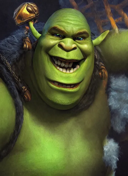 Image similar to dramatic oil painting of shrek as thrall from world of warcraft, artstation, shrek, epic, dramatic,