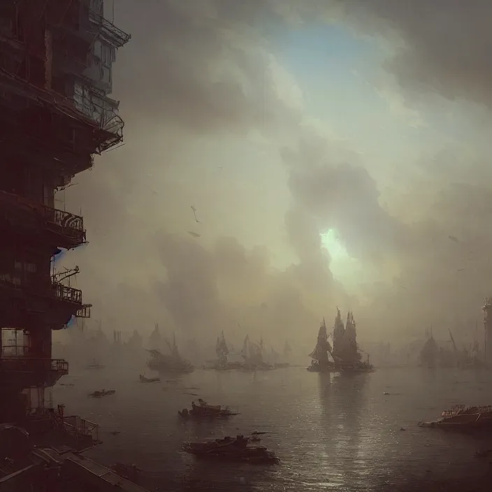 Image similar to a beautiful painting of a cyberpunk city on the sea by ivan aivazovsky and greg rutkowski and james gurney and frank lloyd and sung choi, in style of digital art illustration. hyper detailed, sharp focus, soft light. unreal engine 5 lumen. ray tracing. trending on artstation.