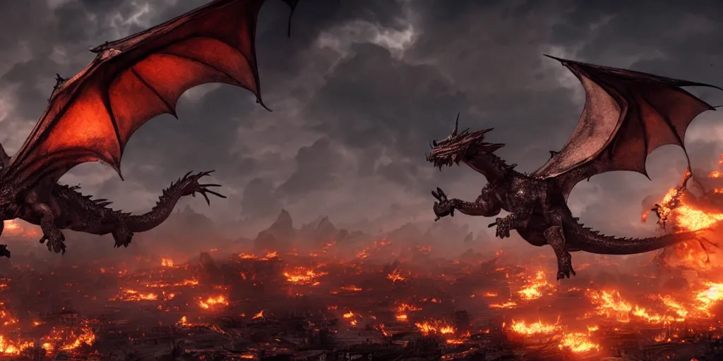 Image similar to dragon flying over post apocalyptic earth with fire everywhere and destroyed buildings, surreal, sharp focus, digital art, epic composition, concept art, dynamic lighting, intricate, highly detailed, 8 k, unreal engine, blender render