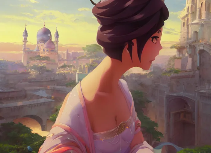 Image similar to full body portrait character concept art, oil painting anime key visual of princess jasmine, studio lighting delicate features finely detailed perfect face directed gaze, at an ancient city, gapmoe yandere grimdark, trending on pixiv fanbox, painted by greg rutkowski makoto shinkai takashi takeuchi studio ghibli