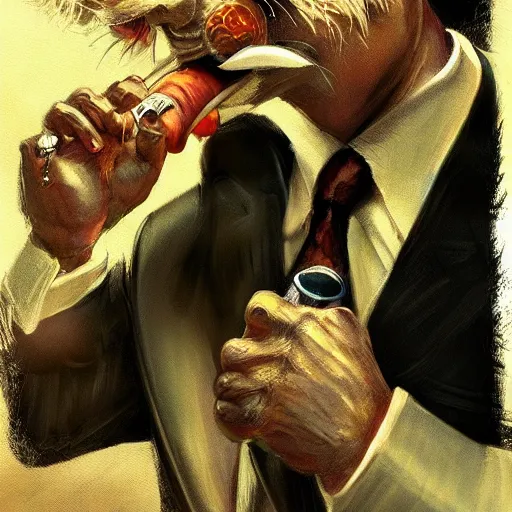 Image similar to a racoon wearing a suit smoking a cigar on his mouth, dramatic lighting, cinematic, establishing shot, extremly high detail, photorealistic, cinematic lighting, artstation, style by James Gurney