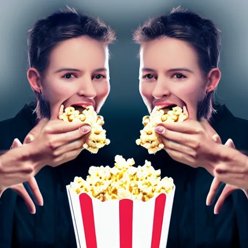 Image similar to hyper realistic, two headed human eating popcorn at the cinema