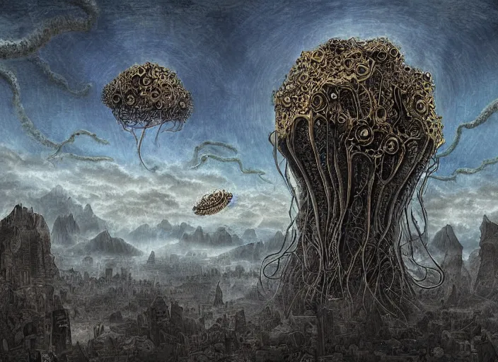 Prompt: lovecraftian structures in the sky by bosch, highly detailed digital painting