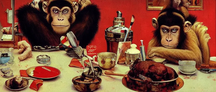 Prompt: Monkey King at a diner, head and shoulders portrait, extremely detailed masterpiece, Roger Deakin’s cinematography, oil on canvas, Norman Rockwell.