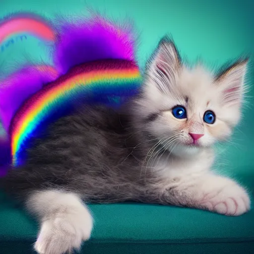 Image similar to cute fluffy kitten with rainbow fur and fluffy octopus legs, cinematic lighting, portrait, digital art,