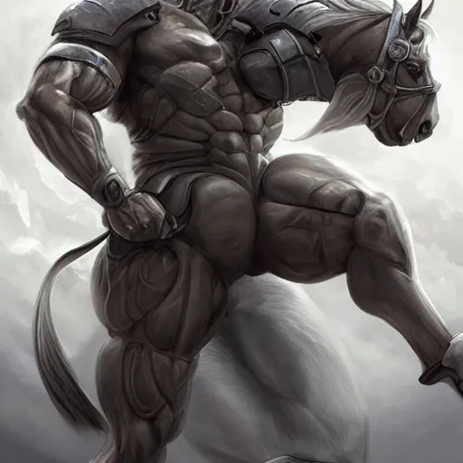 Image similar to a musclebound anthropomorphized horse with a magnificently muscular physique wearing a tight kevlar battle outfit while protecting a facility, long white hair, equine, anthro art, furaffinity, highly detailed, digital painting, artstation, sharp focus, concept art, illustration, art by artgerm, greg rutkowski, wlop