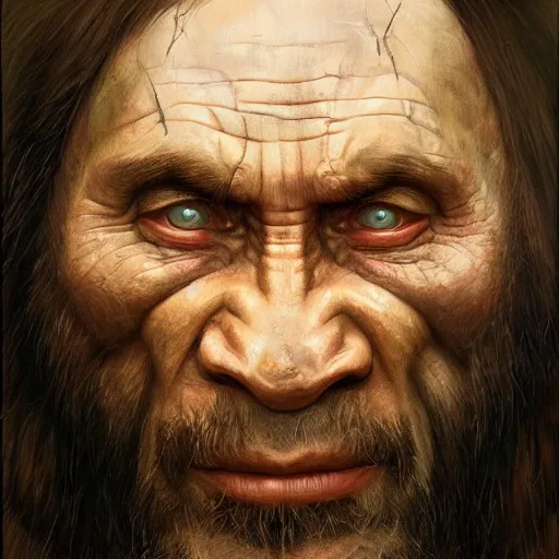 Image similar to vladimir putin, prehistoric caveman, vladimir putin macabre face, by donato giancola and greg rutkowski and wayne barlow and zdzisław beksinski, realistic face, digital art