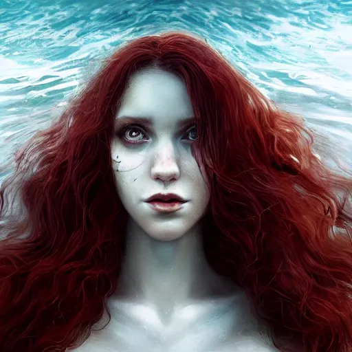 Image similar to a portrait of woman with long dark curly red hair under the water, stoic, pale skin, scales, mermaid, alone, white eyes, dramatic, epic painting, painting by wlop and nixeu, semirealism, artstation, octane render, sharpness, 8 k, golden ratio