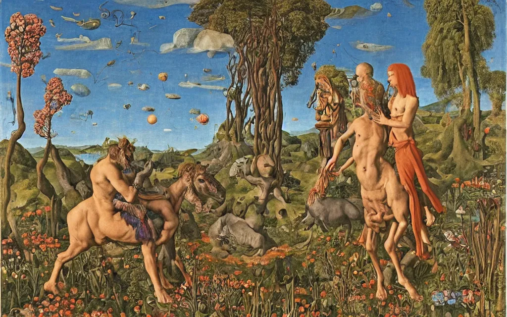 Image similar to a portrait photograph of a meditating satyr and a centaur monk riding a rocket machine and hunting at a river delta. surrounded by bulbous flowers and trees. mountain range under a blue sky of fiery stars. by jan van eyck, max ernst, ernst haeckel, ernst fuchs and artgerm, cgsociety, fashion editorial, 8 k