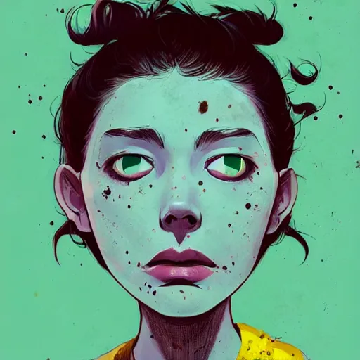 Prompt: Highly detailed poster art portrait of a moody sullen punk zombie young lady with freckles by Atey Ghailan, by Loish, by Bryan Lee O'Malley, by Cliff Chiang, by Goro Fujita, inspired by ((image comics)), inspired by graphic novel cover art !!!vibrant green, brown, black, yellow and white color scheme ((grafitti tag brick wall background)), trending on artstation