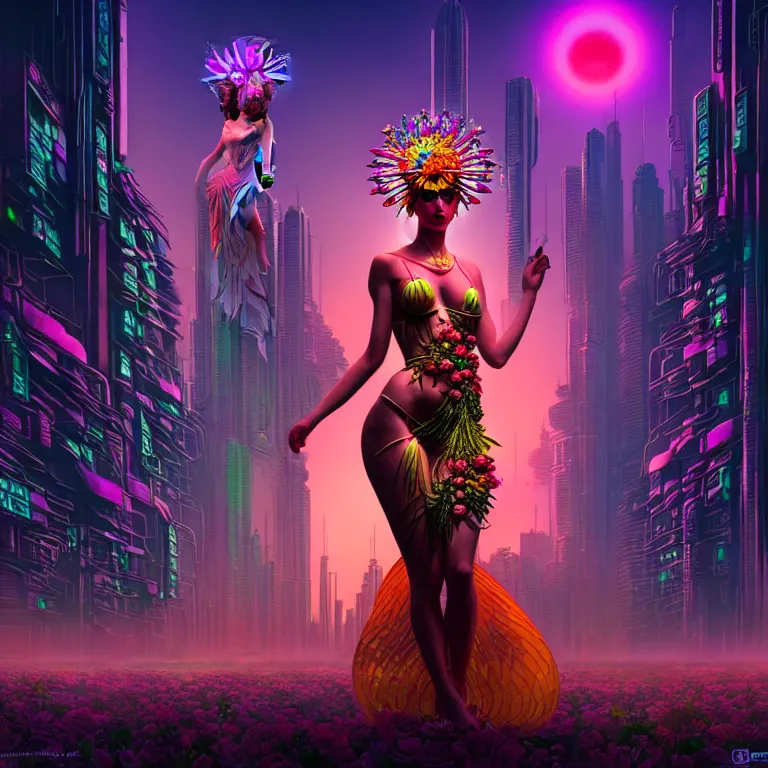 Image similar to Beautiful 3d render of the flower queen goddess in a sensual pose, in the style of Dan Mumford, with a crowded futuristic cyberpunk city in the background, astrophotgraphy