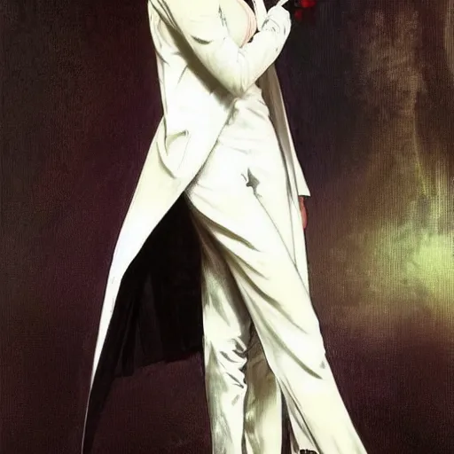 Image similar to beautiful portrait of androgynous ruby rose as desire from sandman in a white tuxedo!!!, rockabilly style,, by alphonse mucha, by jeremy mann, by peter lindbergh, dave mckean, by cedric peyravernay, white suit and black tie, soft lightning, high detailed, 8 k