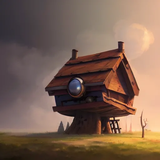 Prompt: a walking wood and metal house with two legs and one big eye, smoke chimney, rust, hyperrealistic, highly detailed, cinematic, single ray of sun, morning, pareidolia, gravity falls style, disney, ghibli, beautiful, cgssociety, artstation, 8 k, oil painting, digital art