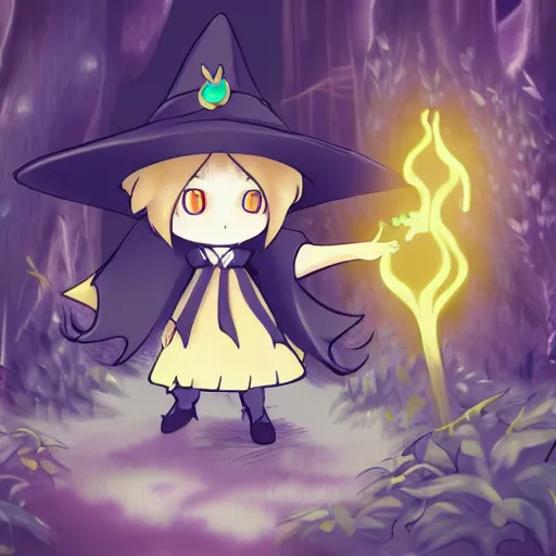 Image similar to a young witch with a wide brim witch hat in a forest clearing summoning a glowing magic fennec fox, anime style