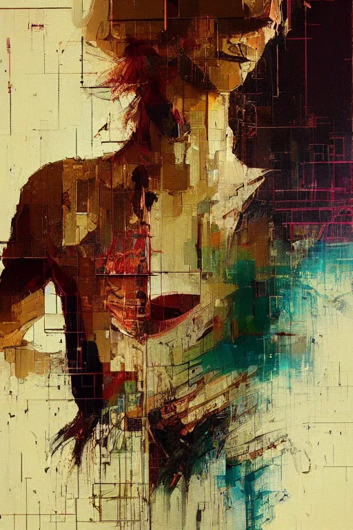Image similar to a beautiful glitched painting by robert proch of a woman in a glitched bathroom, metal rust and plaster materials, pixel sorting, color bleeding, brushstrokes by jeremy mann, still life, dark colors