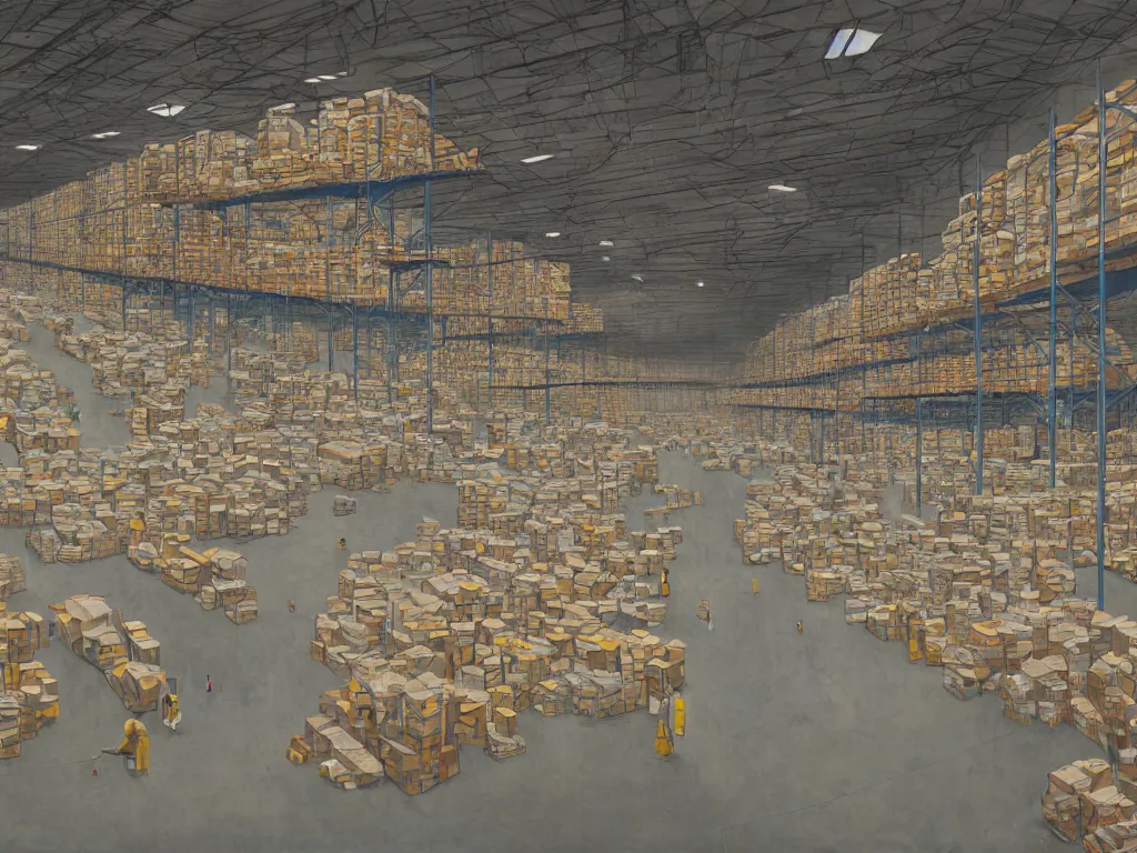 Image similar to a warehouse with huge shelves in which stacks of paper are stored in a painting from stalenhag, 4 k, 8 k, hdr, artstation, concept art