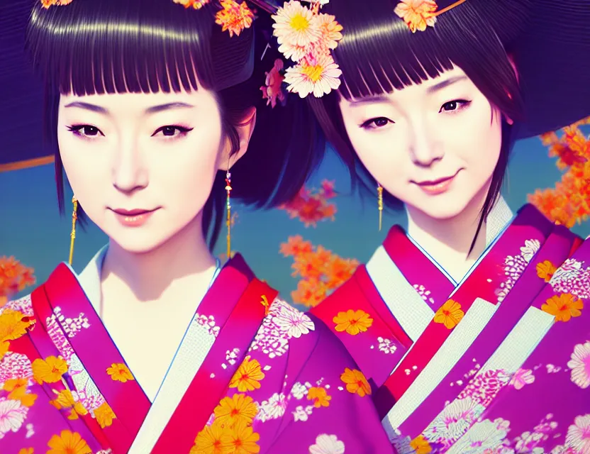 Image similar to two beautiful charming japan female superstar wear arty kimono in festival | | sunny night, festival,, realistic shaded, smile, good looking, hyper details, 4 k realistic, cryengine, realistic shaded lighting poster by ilya kuvshinov, fuji choko, ross tran, 8 k resolution, trending on artstation, luxury