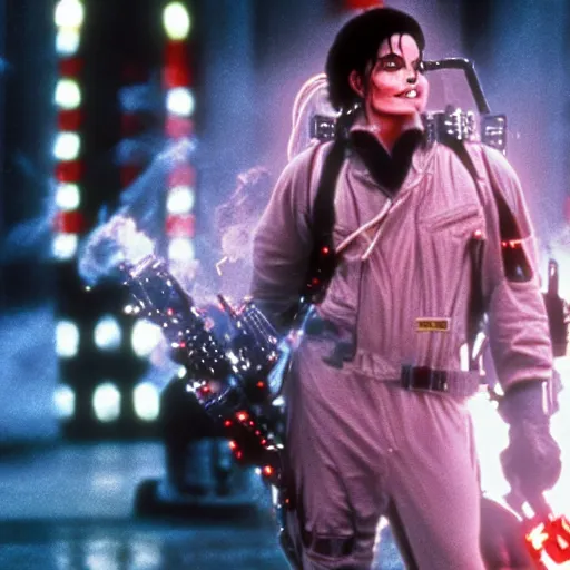 Image similar to stunning awe inspiring michael jackson with a highly detailed face as a ghostbuster in the movie ghostbusters, movie still 8 k hdr atmospheric lighting