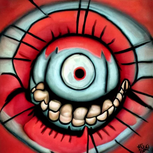 Prompt: giant eye with mouth full of teeth, realism, horror