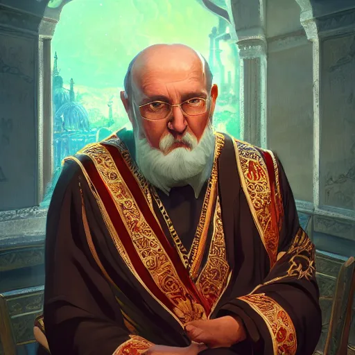 Prompt: portrait of an elderly orthodox patriarch with dark hair, fantasy style clothing, castle interior background, rich vivid colors, ambient lighting, dynamic lighting, 4k, official media, anime key visual, makoto shinkai, ilya kuvshinov, lois van baarle, rossdraws, detailed, trending on artstation