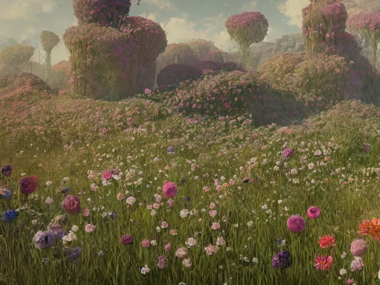 Prompt: the wasteland filled with giant flowers, au naturel, hyper detailed, digital art, trending in artstation, cinematic lighting, studio quality, smooth render, unreal engine 5 rendered, octane rendered, art style by klimt and nixeu and ian sprigger and wlop and krenz cushart