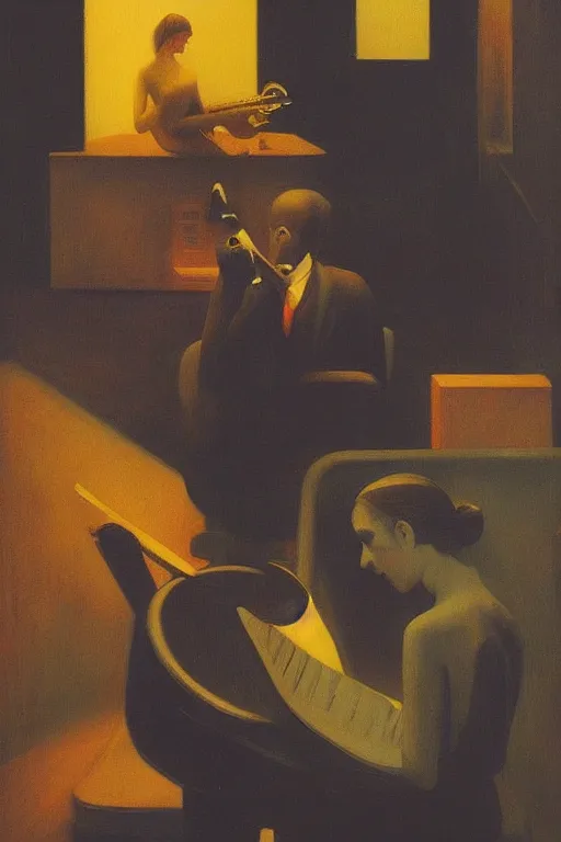 Image similar to a Jazz music and beat poetry performance on night club, Edward Hopper and James Gilleard, Zdzislaw Beksisnski, highly detailed