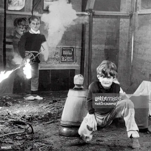 Image similar to photo, an 1 8 0 0's english explorer holding a burning torch while crawling through a 1 9 9 0's mcdonald's play place