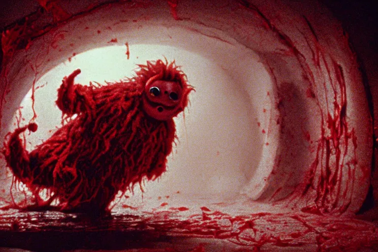 Image similar to filmic wide shot angle movie still 35mm film color photograph of a shape shifting horrific nightmarish abstract organism from The Thing 1982 attacking a mutilated deceased doctor who is completely drenched in blood in the style of a horror film