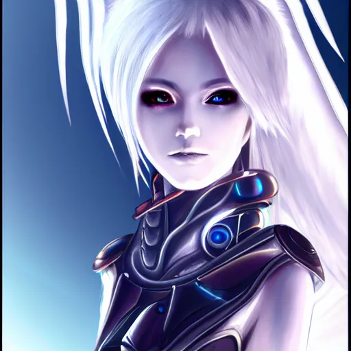 Image similar to gorgeous small female android cyborg - angel large angelic wings, left eye gold and right eye silver, cyberpunk - anime character - concept art