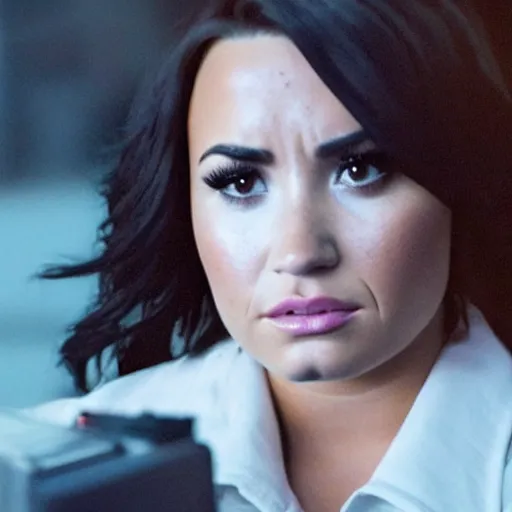 Image similar to close-up of Demi Lovato as a detective in a movie directed by Christopher Nolan, movie still frame, promotional image, imax 70 mm footage