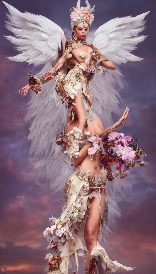 Image similar to expressive full body photo of sophia lauren as beautiful angel, smooth glowing skin, ornate headpiece made from flowers, ornaments, glamour shot, by karol bak, by stefan gesell, octane render, unreal engine, photorealistic, canon r 3, fashion photography, studio shot