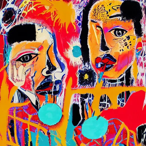 Image similar to acrylic painting of two bizarre psychedelic women kissing in japan in winter, speculative evolution, mixed media collage by basquiat and jackson pollock, maximalist magazine collage art, sapphic art, psychedelic illustration