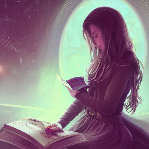 Image similar to a girl reading book, sci-fi, glossy eyes, face, long hair, fantasy, intricate, elegant, highly detailed, digital painting, artstation, concept art, smooth, sharp focus, illustration